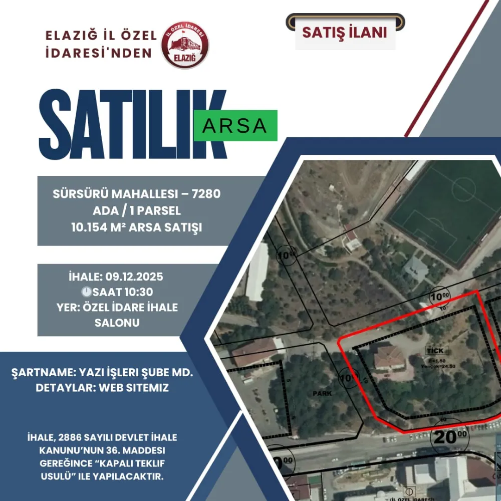 Elazığ İl Özel İdaresi, Sürsürü’de 10 Bin Metrekarelik Arsayı İhaleyle Satışa Sunuyor