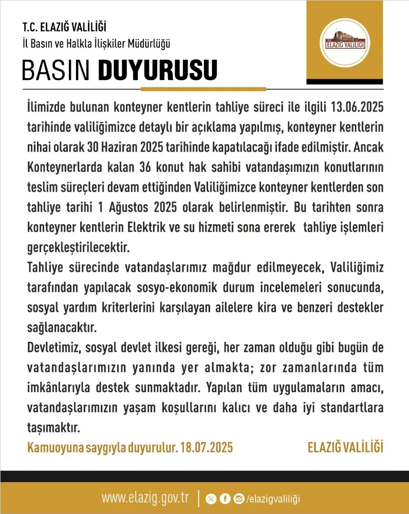 Elazığ’da Konteyner Kentlerin Tahliyesi 1 Ağustos’a Uzatıldı