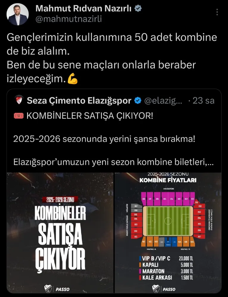 Milletvekili Nazırlı’dan Elazığspor’a ve Genç Taraftarlara Kombine Desteği